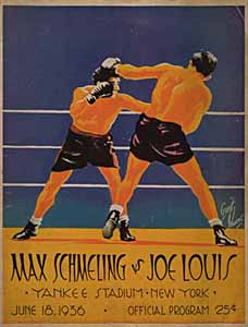 A yellow Art Deco program for the Louis-Schmeling match, featuring the two fighters locked in combat.