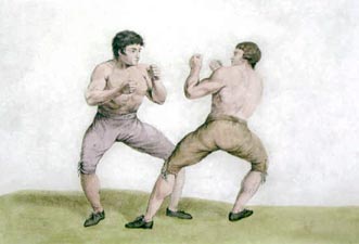 Mendoza, with his black hair, stands opposed to Humphreys and his mousey locks of hair. Both present their fists and are ready to fight, bare chested, wearing nothing but knickerbocker breeches.