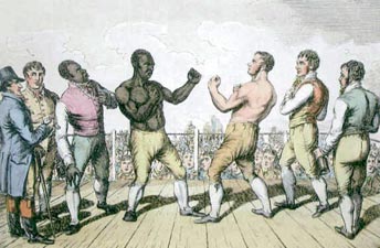 Molyneaux, a barrel chested African slave, stands opposite Chubb in the ring. They are both surrounded by white men dressed in business attire minus their coats, except for Molyneaux who also has a well dressed African man at his side. The fighters are stripped down to their bare chests.