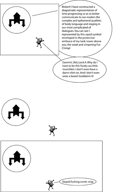 Comic Strip Synopsis by Dave, PMjA Editor and Technologist: OK, in the first frame the Giant Squid— being played by something that looks a lot like a Post-Cthulhu-Rising Bat Signal— explains that he's taken to doing the comic thing in order to communicate some of the more subtle blah blah blah of what's going on in the lab when he's arguing with that pot-headed retard assistant of his.  The pot-headed retard, meanwhile, is bitching about being portrayed by a creepy little gnome, which is admittedly pretty fuckin' funny (the gnome is, I mean.  Funny.)   In the second frame they're just sorta looking at each other, and in the third frame Rob has turned his back on the GS, and is cursing about the strip.