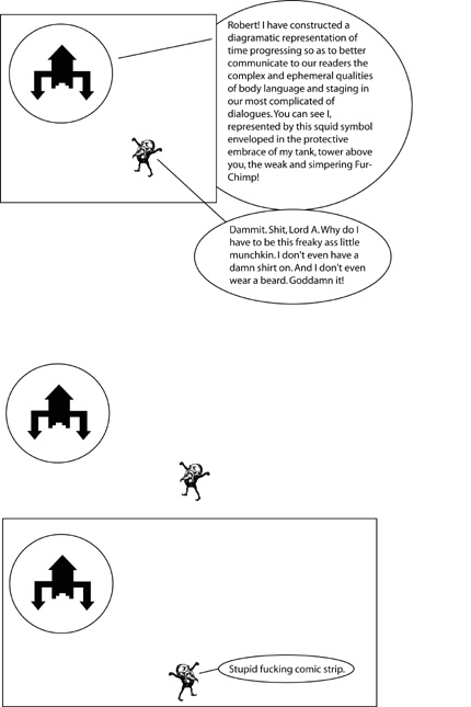 Comic Strip Synopsis by Dave, PMjA Editor and Technologist: OK, in the first frame the Giant Squid— being played by something that looks a lot like a Post-Cthulhu-Rising Bat Signal— explains that he's taken to doing the comic thing in order to communicate some of the more subtle blah blah blah of what's going on in the lab when he's arguing with that pot-headed retard assistant of his.  The pot-headed retard, meanwhile, is bitching about being portrayed by a creepy little gnome, which is admittedly pretty fuckin' funny (the gnome is, I mean.  Funny.)   In the second frame they're just sorta looking at each other, and in the third frame Rob has turned his back on the GS, and is cursing about the strip.